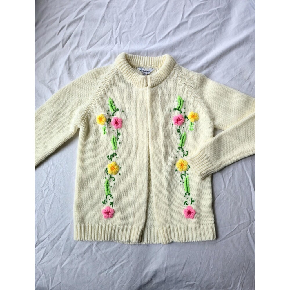 1960s Vintage Floral Embroidered Cardigan: Flower Sweater, Women's Medium